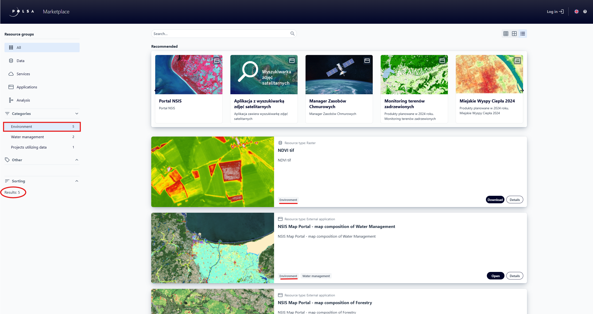 Filtering resources by category - Environment