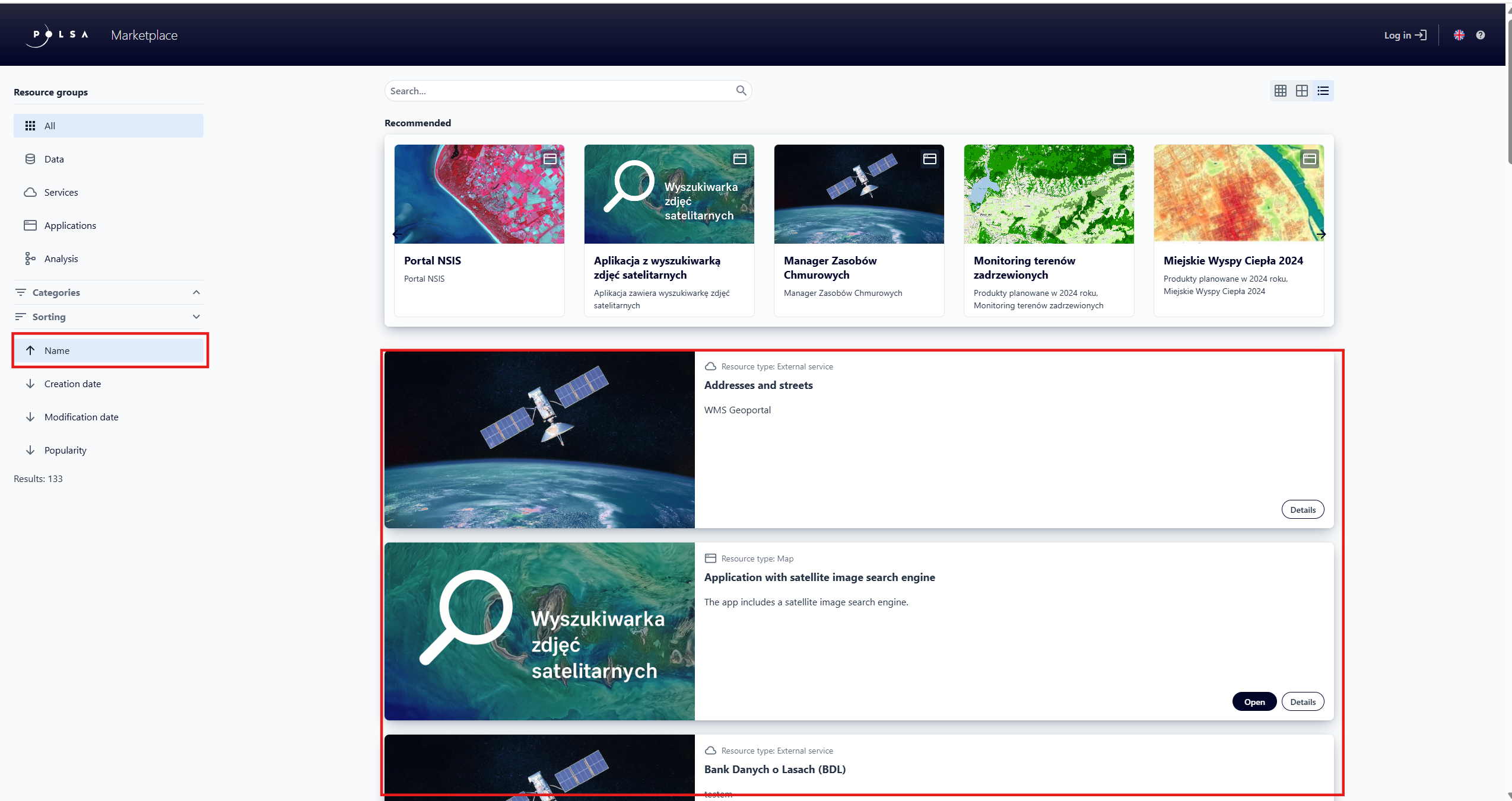Sorting resources- Name, ascending