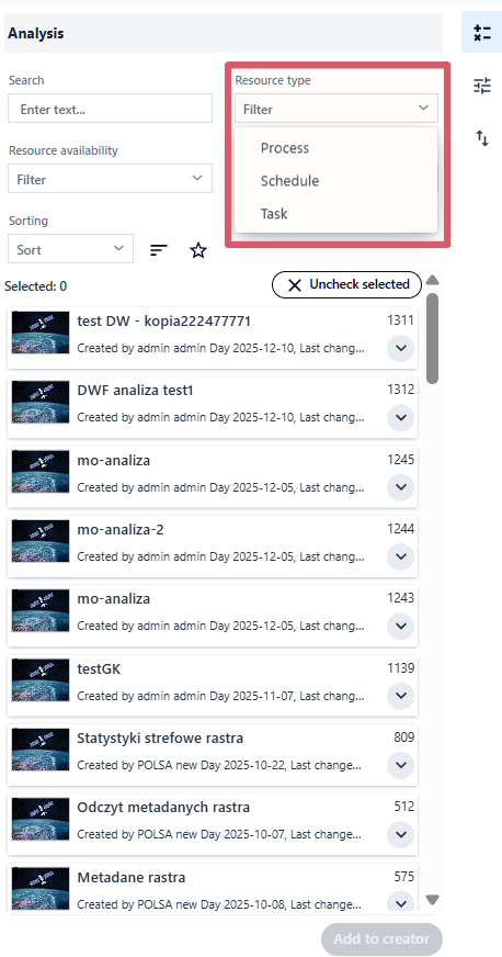Resource type filter