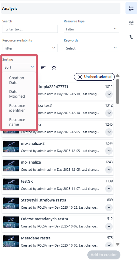 Resource sorting options