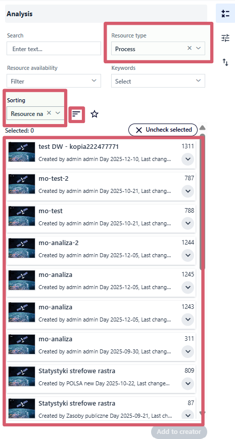 Filtering and sorting the resource list