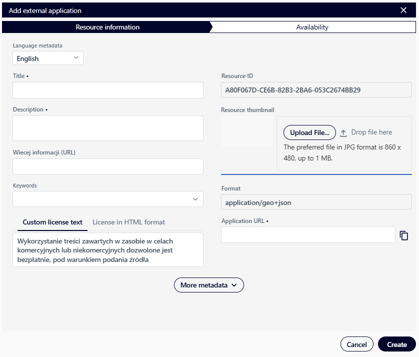Window for adding an external application