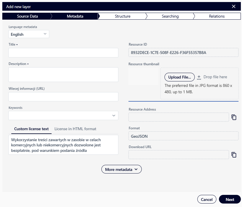 Adding a spatial layer – Metadata window