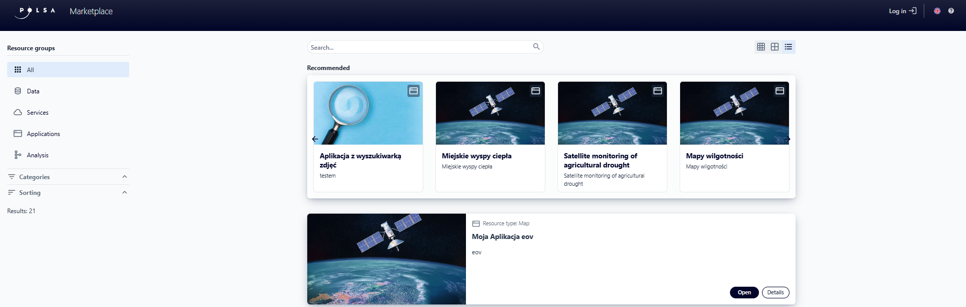 Okno aplikacji Rynek Usług