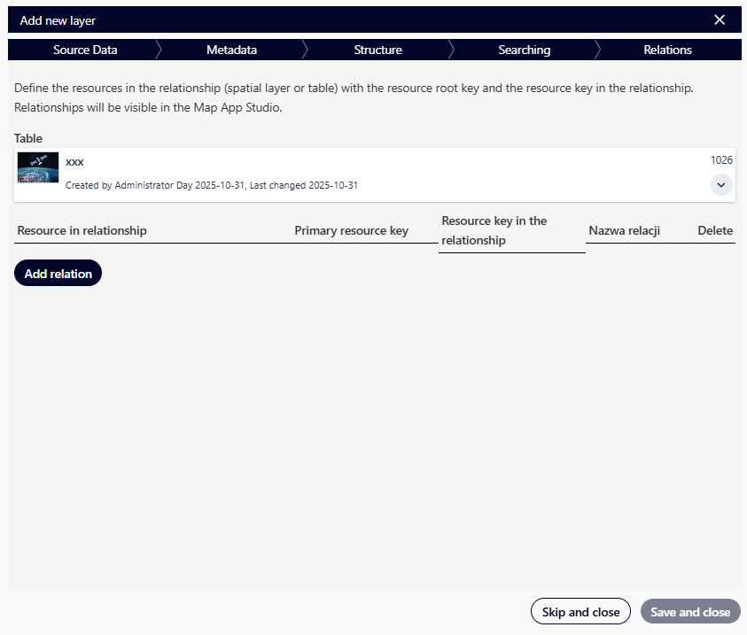 Adding a new layer – Relations window