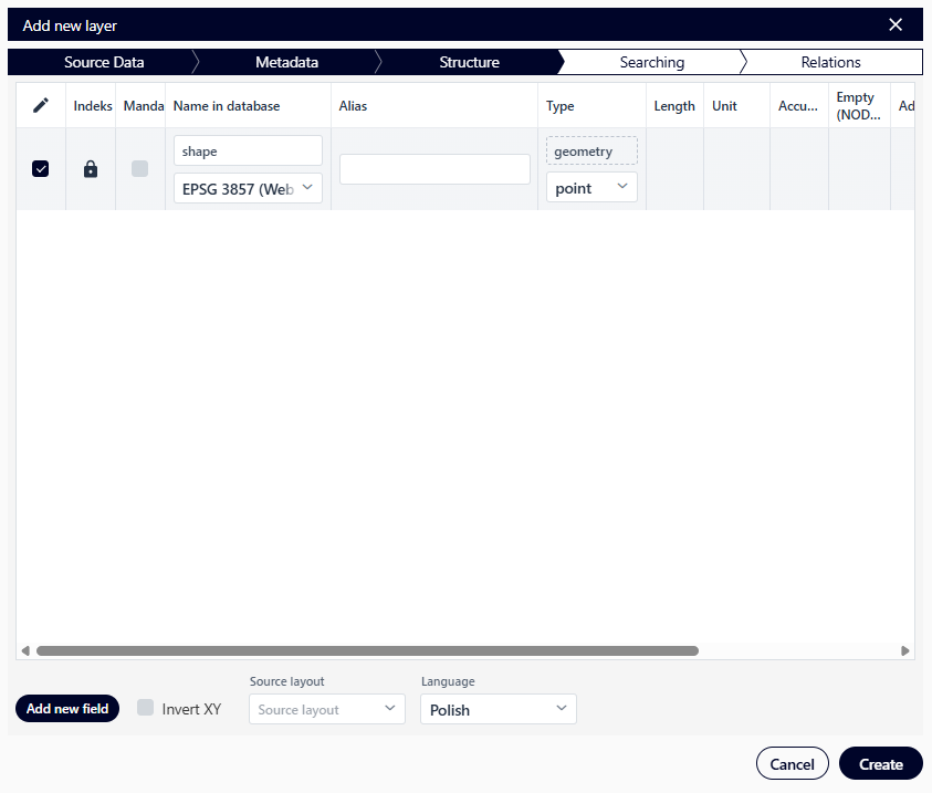 Adding a spatial layer (empty layer) – structure