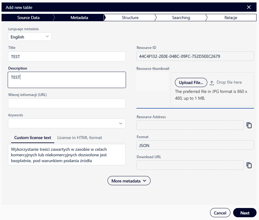 Adding a new table – Metadata