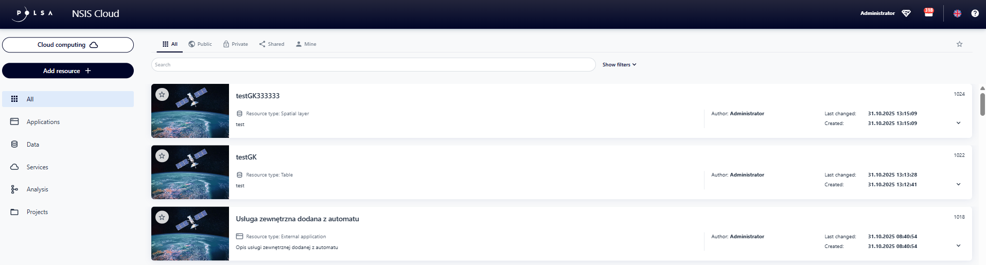 Window with the list of resources