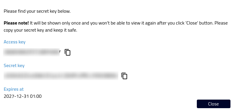 Modal window with the credentials pair