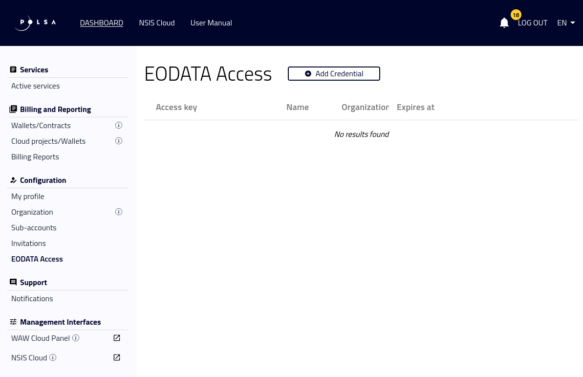 EODATA Access page in the dashboard