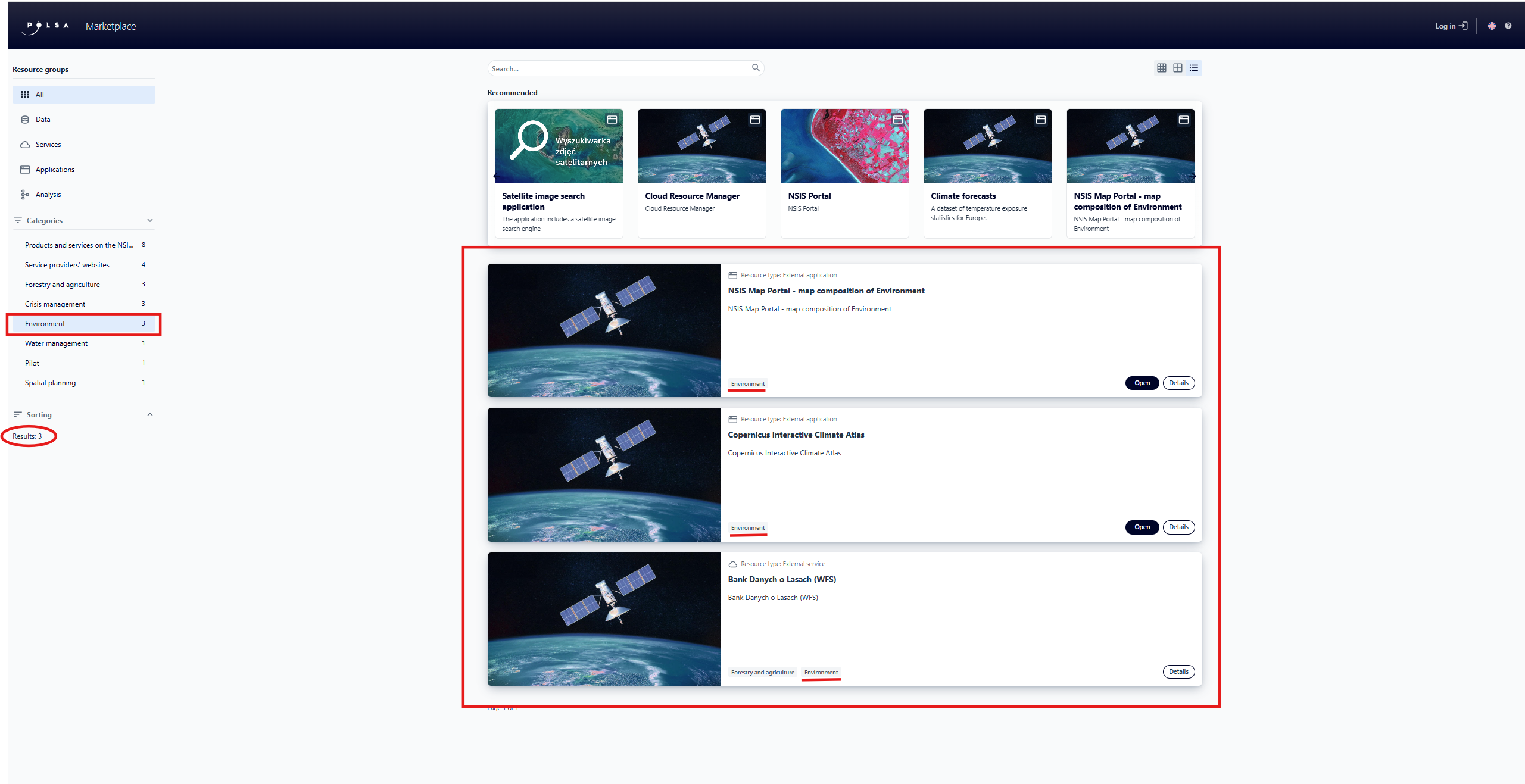Filtering resources by category - Environment