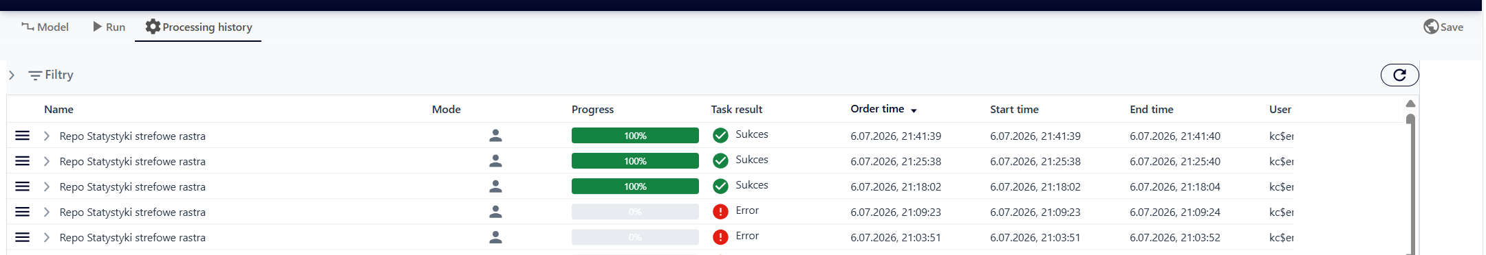 "Processing history" tab