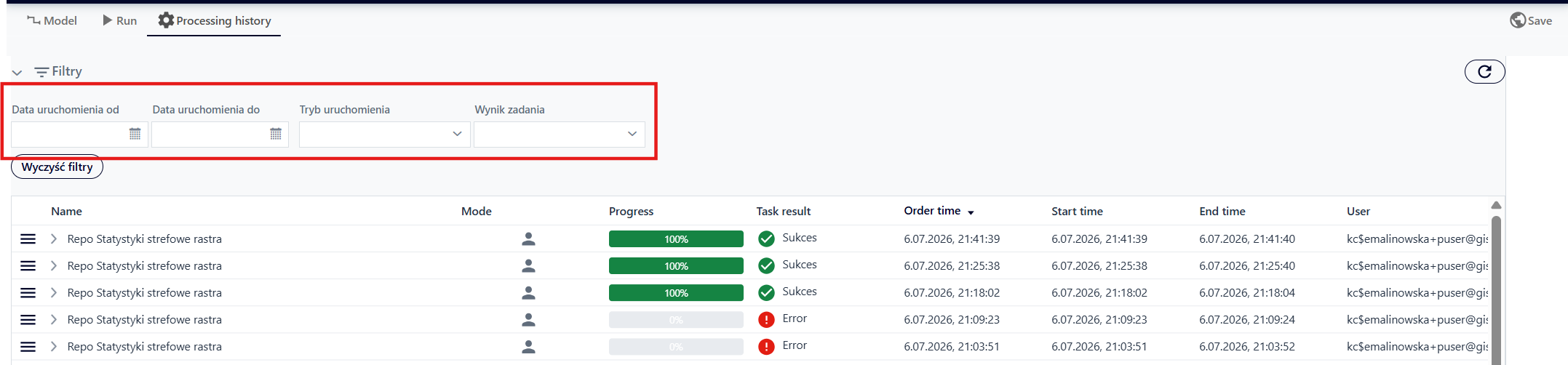 Available processing history filters