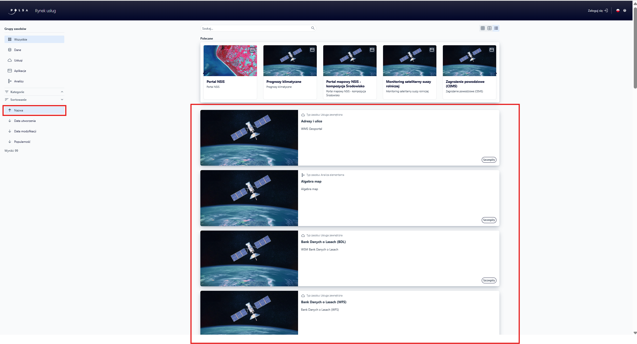 Sortowanie zasobów po nazwie, rosnąco