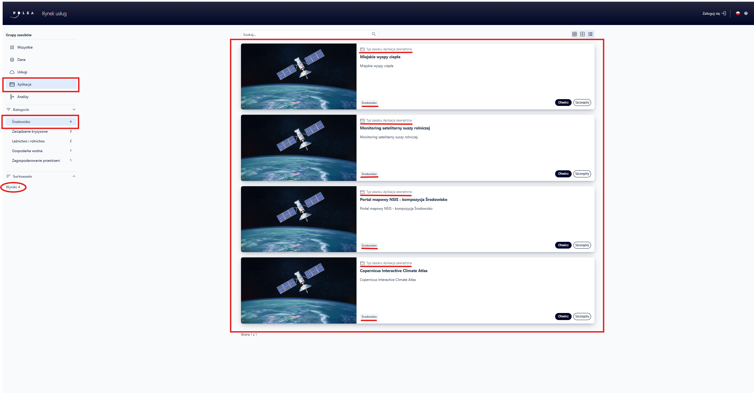 Zasoby z grupy Aplikacjie i z kategorii Środowisko