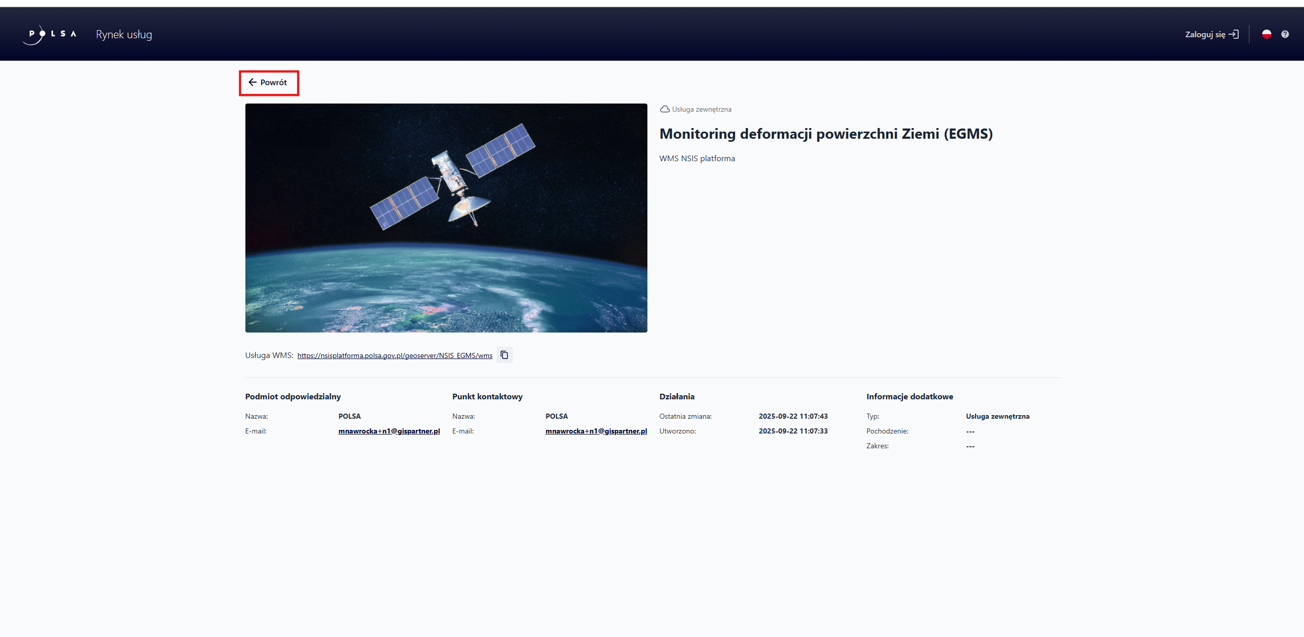 Przycisk "Powrót" w szczegółach zasobu