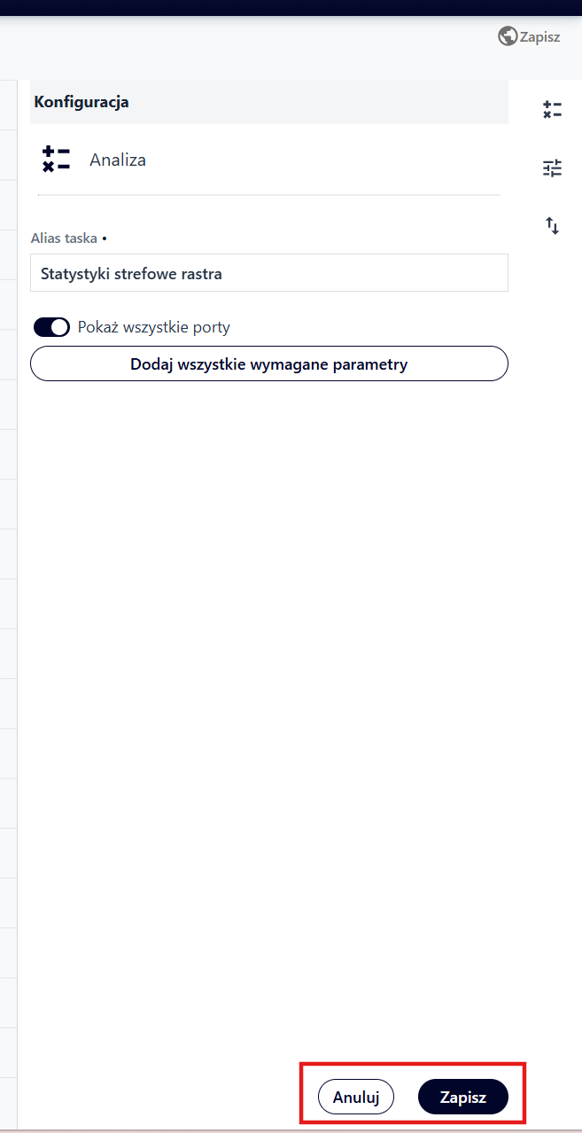 Anuluj/Zapisz konfigurację bloku "Analiza elementarna"