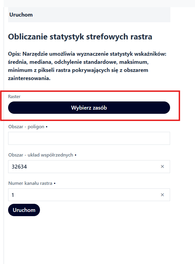 Panel "Uruchom", przycisk "Wybierz zasób"