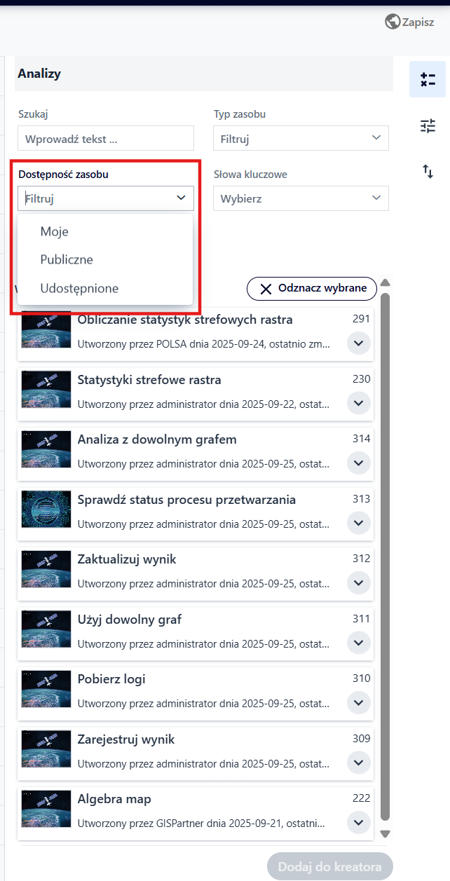 Filtr Dostępność zasobu