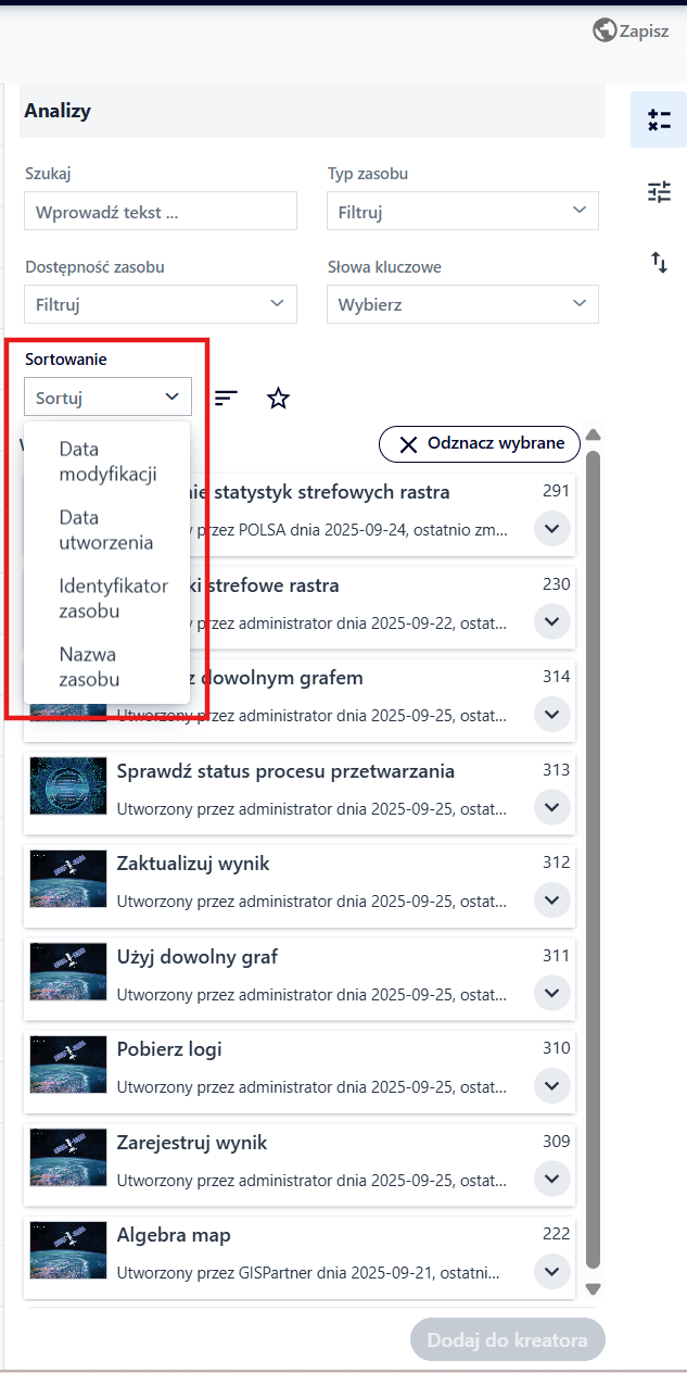 Opcje sortowania zasobów