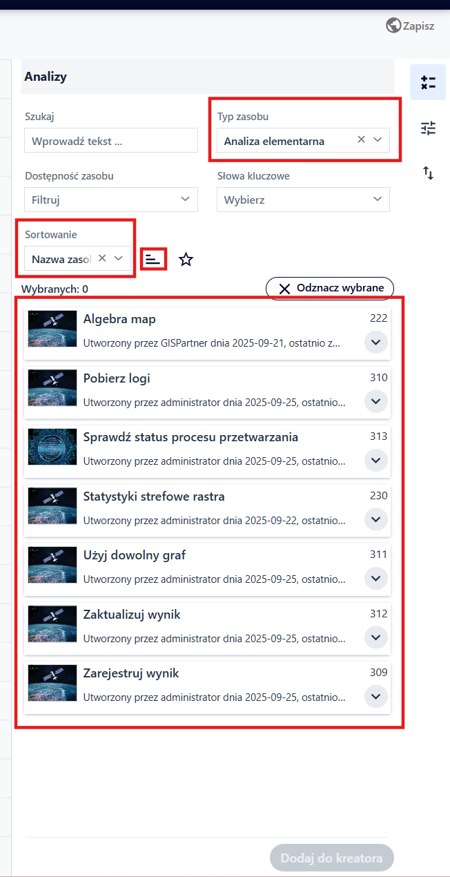 Filtrowanie i sortowanie listy zasobów