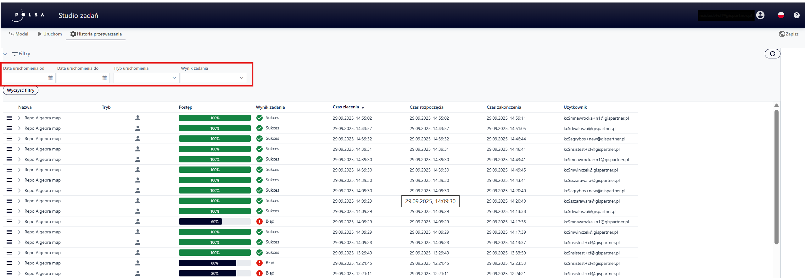Dostępne filtry historii przetwarzania