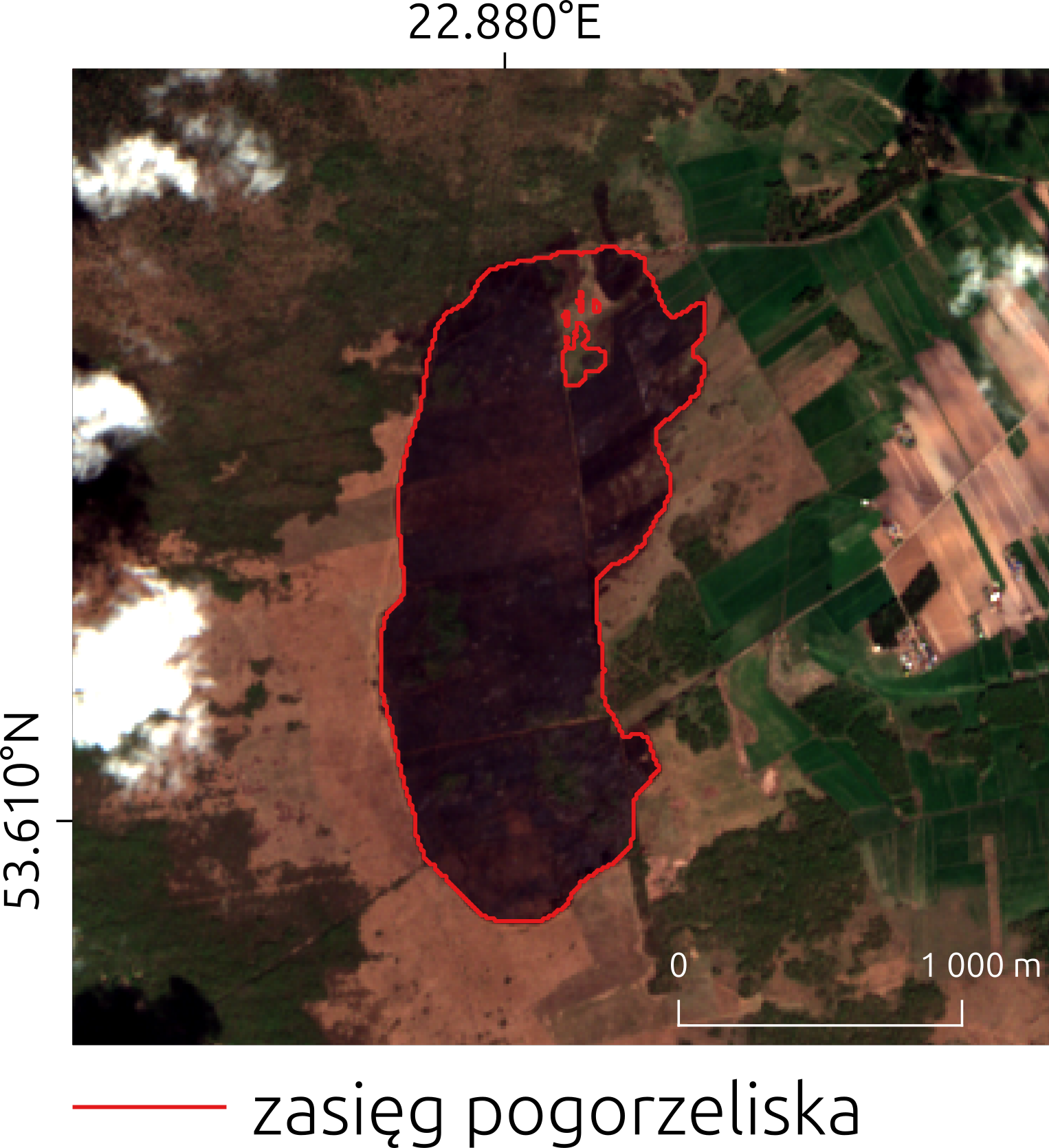 Wykryty spalony obszar przy użyciu Segment Anything Model (SAM) na obrazie Sentinel-2C pozyskanym 23 kwietnia 2025 r.