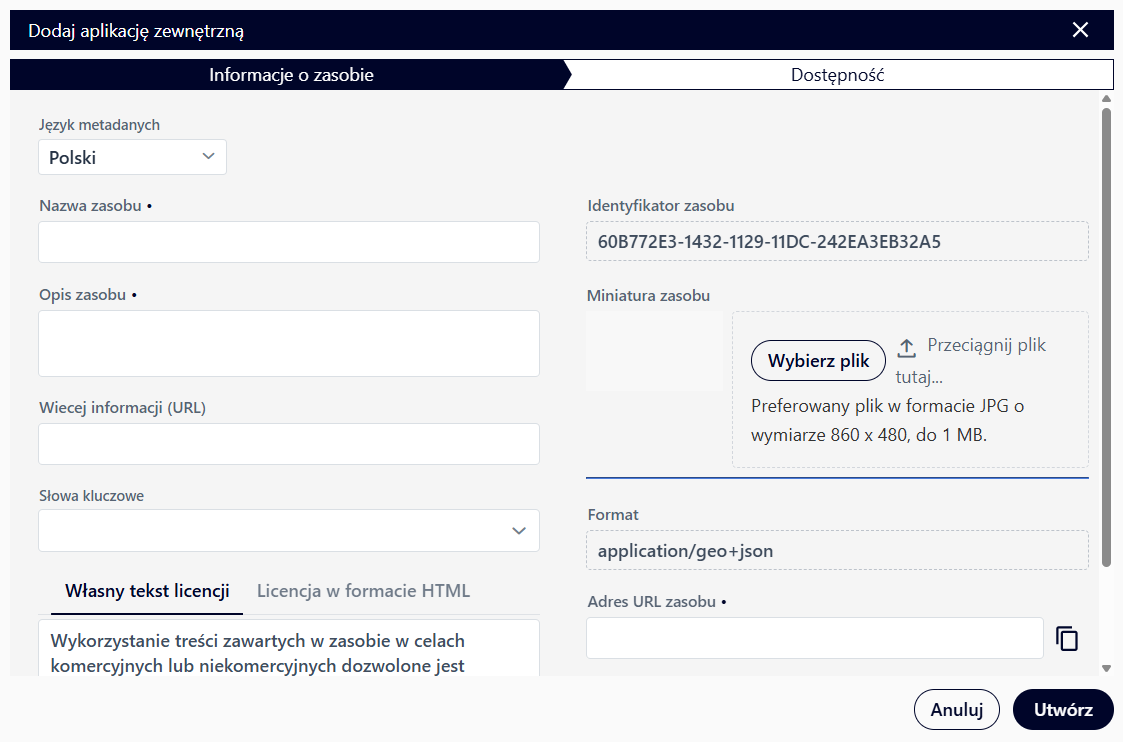 Okno dodawania aplikacji zewnętrznej