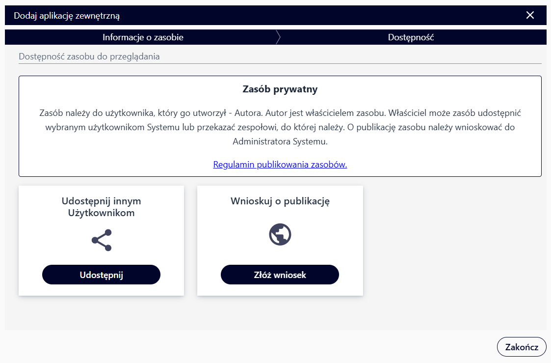 Okno udostępniania aplikacji zewnętrznej