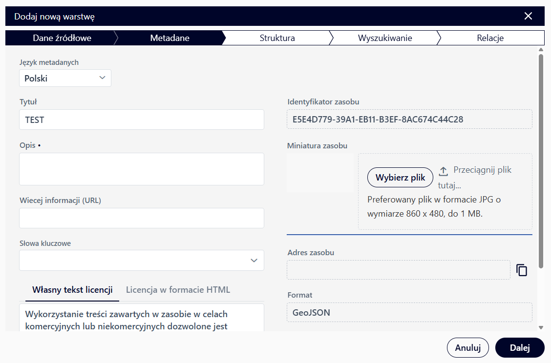 Dodawanie warstwy przestrzennej okno Metadane