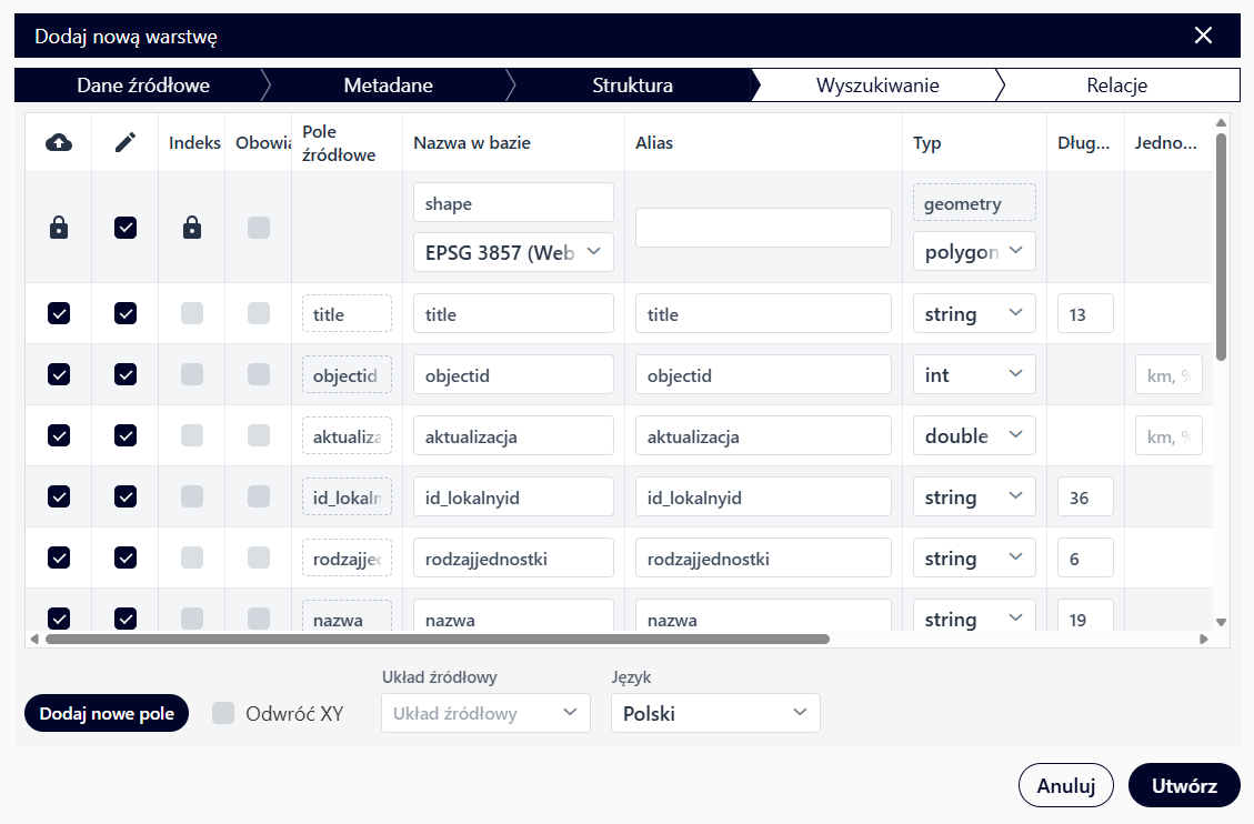 Dodawanie warstwy przestrzennej okno Struktura