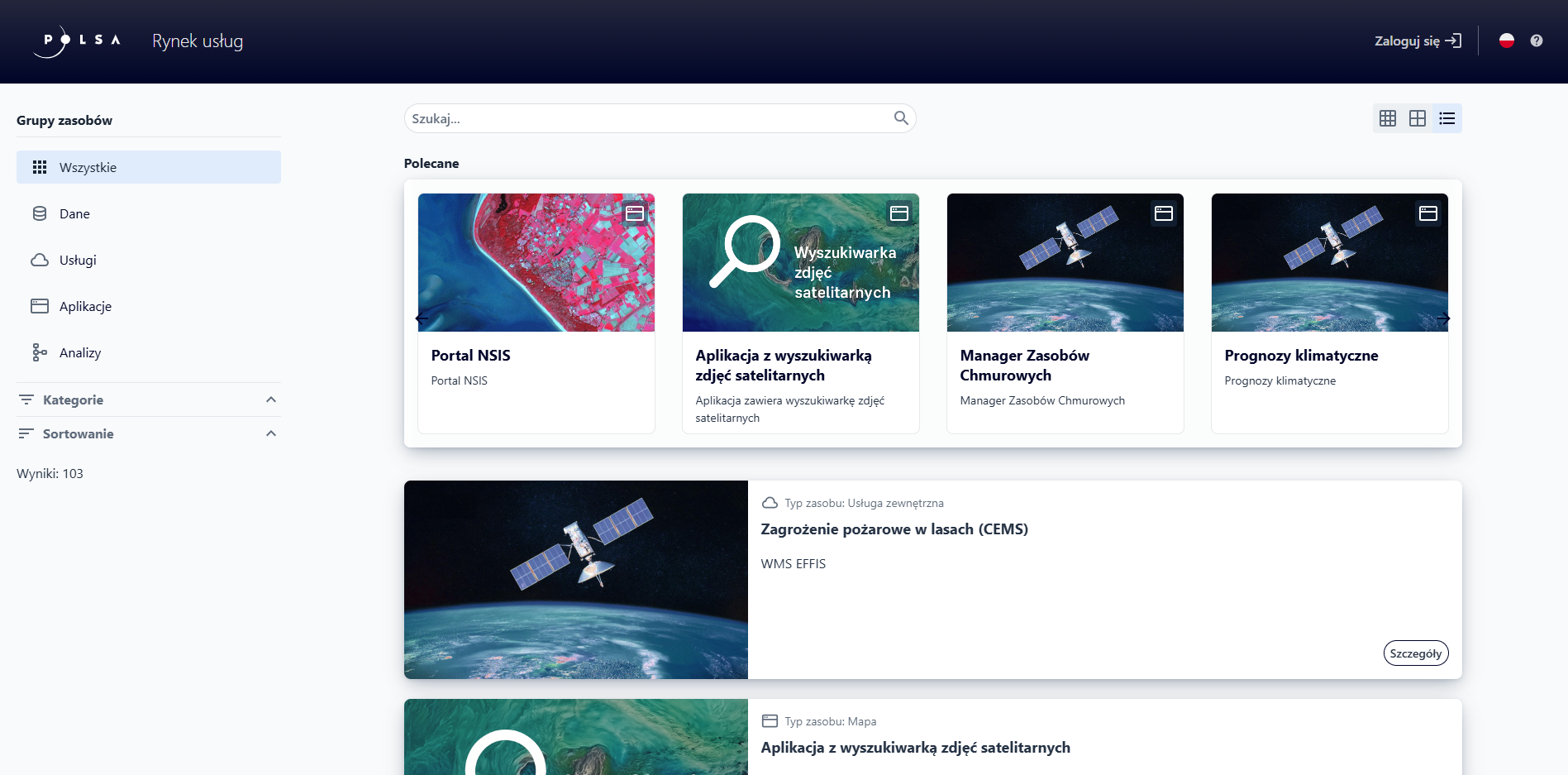 Okno aplikacji Rynek Usług