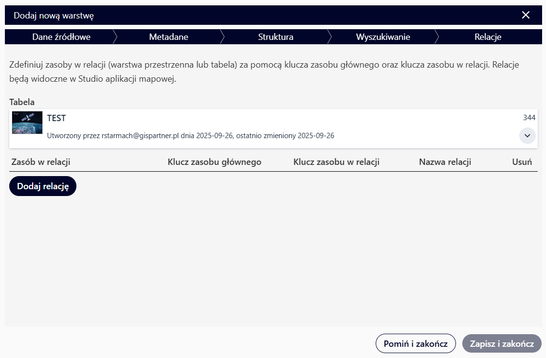 Dodawanie nowej warstwy okno Relacje