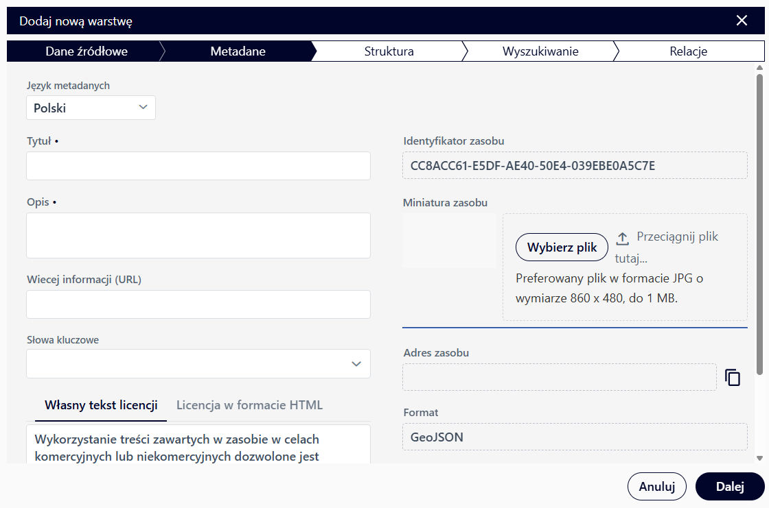 Dodawanie warstwy przestrzennej (pusta warstwa)