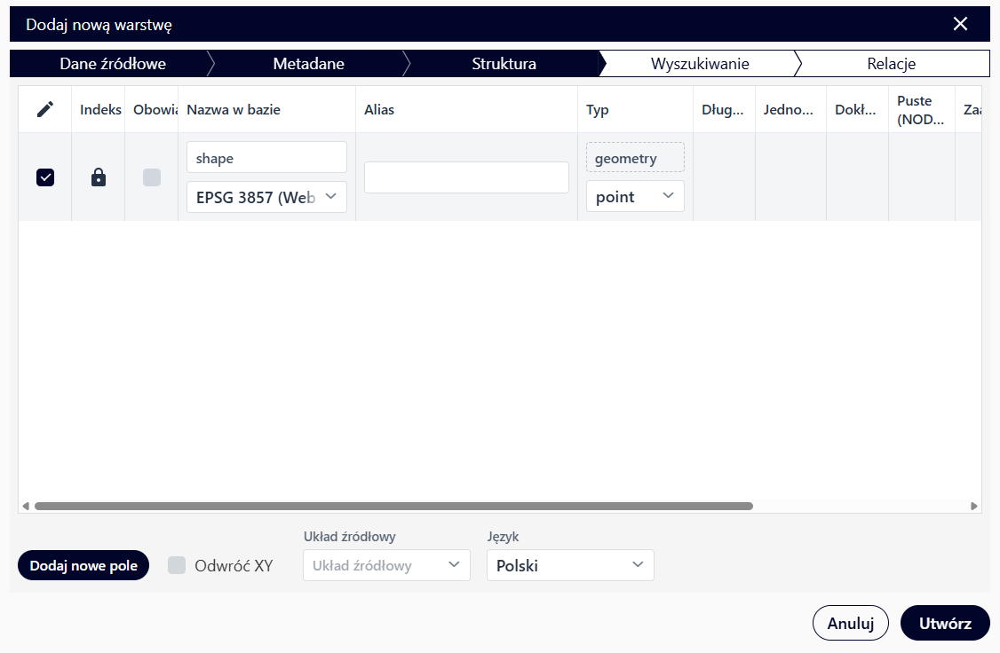Dodawanie warstwy przestrzennej (pusta warstwa) - struktura