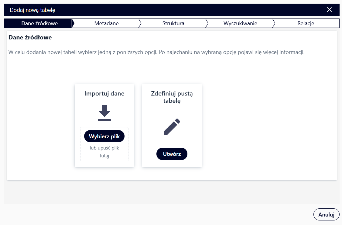 Dodawanie nowej tabeli