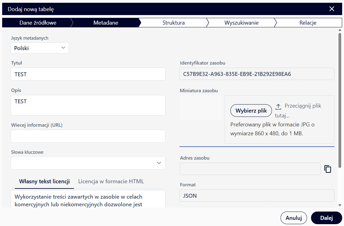 Dodawanie nowej tabeli - Metadane