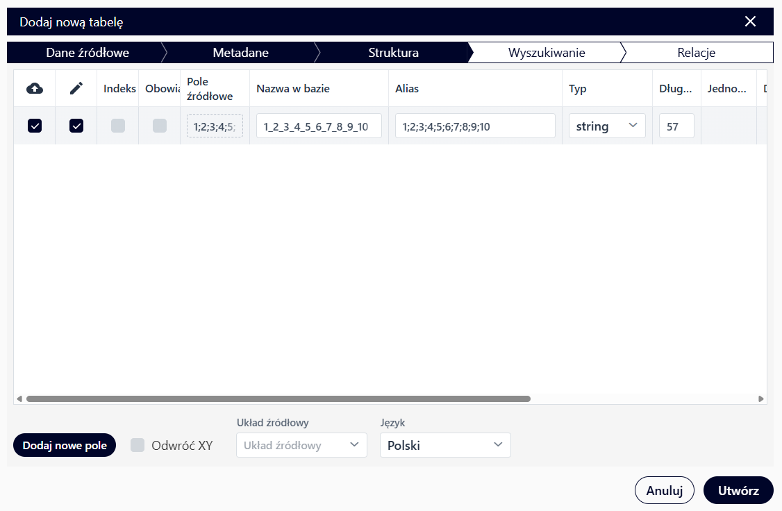 Dodawanie nowej tabeli - Struktura