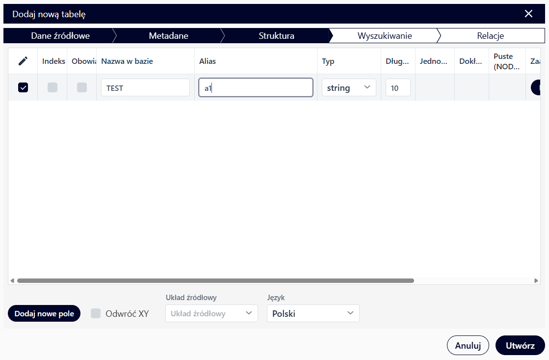 Dodawanie nowej pustej tabeli