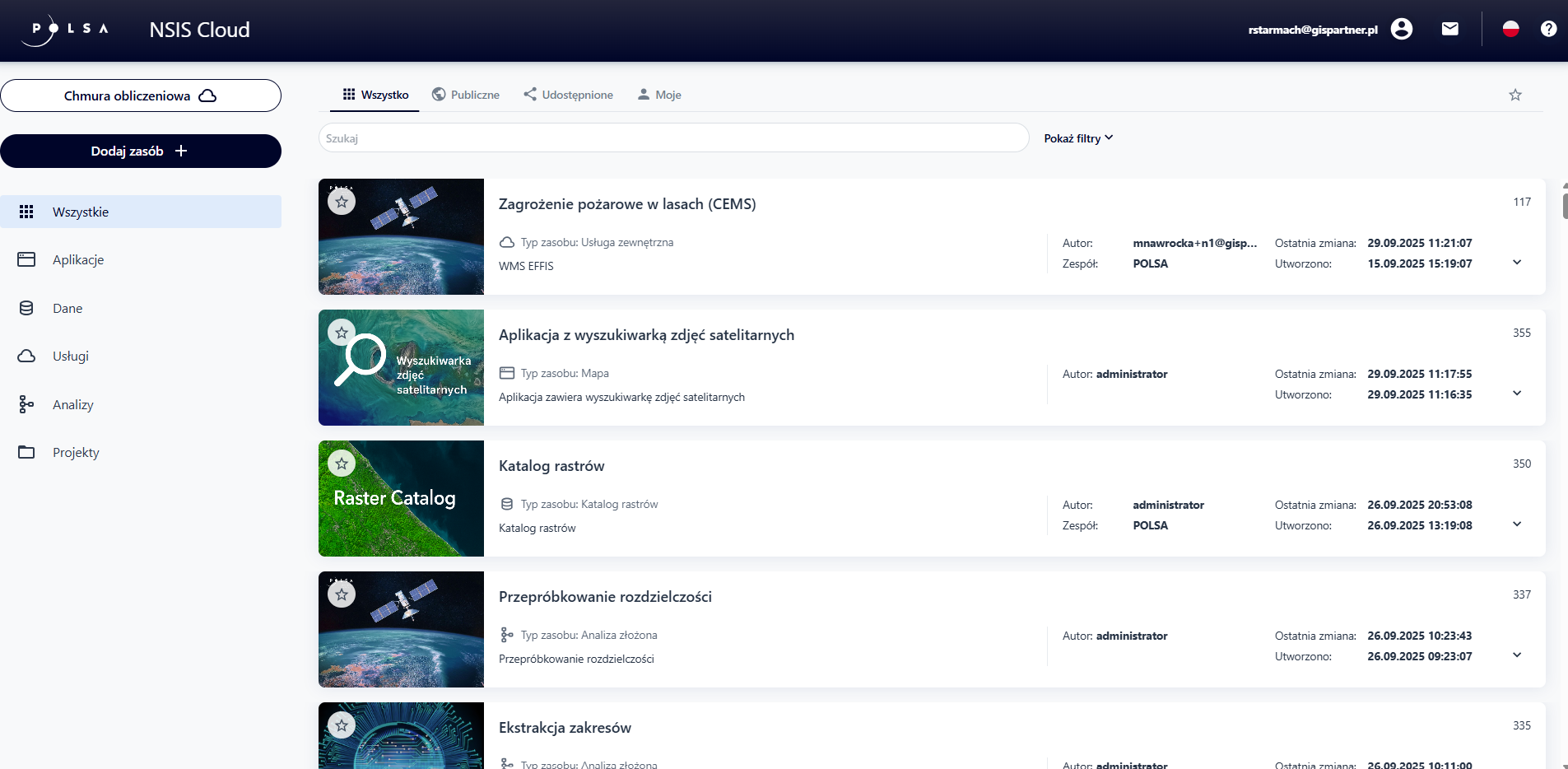 Okno z listą zasobów