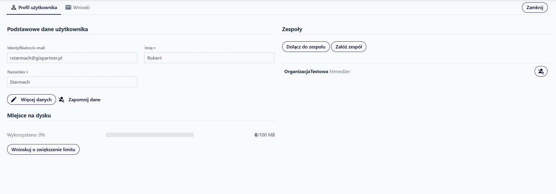 Zakładka Profil Użytkownika