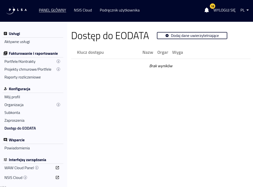 Strona Dostęp do EODATA w panelu